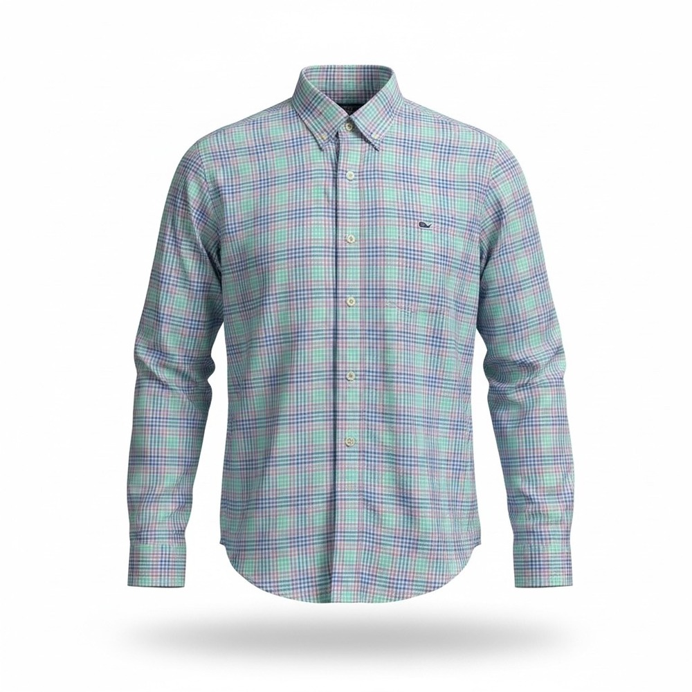 Vineyard Vines Performance Slim Fit Tucker Shirt Mens Medium Gingham Purple Teal